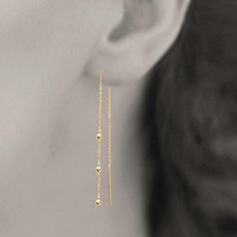 Boucles d'oreilles traversantes chaînes perles de billes Plaqué or 750 3 microns - vue 2