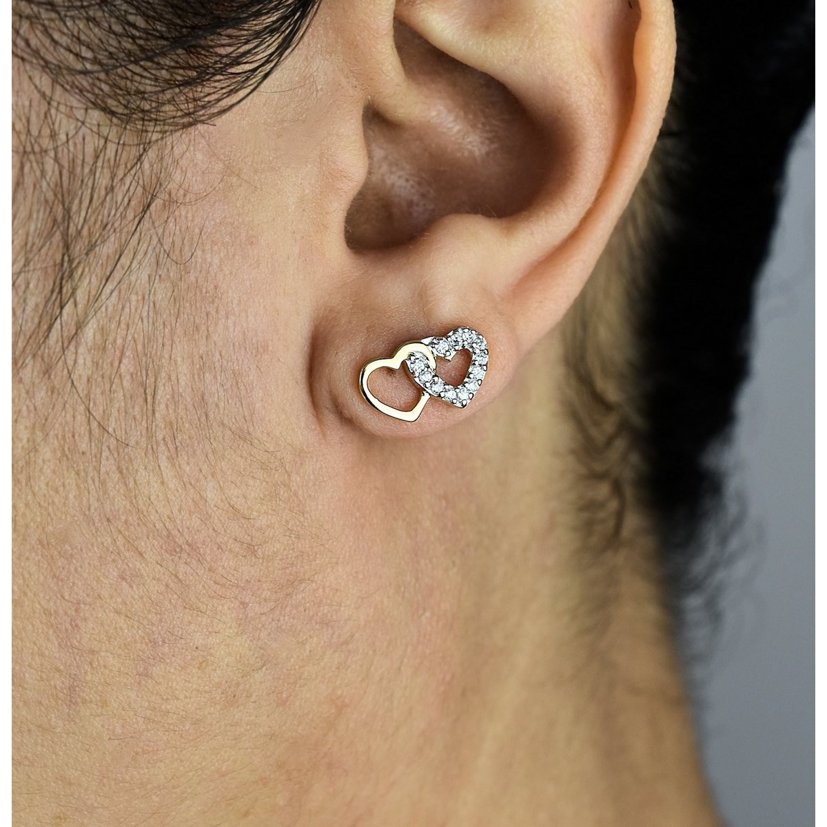 Boucles d'oreilles 2 coeurs enlacés oxyde de zirconium Plaqué OR 750 3 microns 2 tons - vue 2