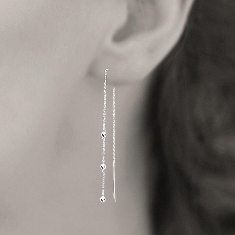 Boucles d'oreilles traversantes chaînes perles de billes Argent 925 Rhodié - vue 2