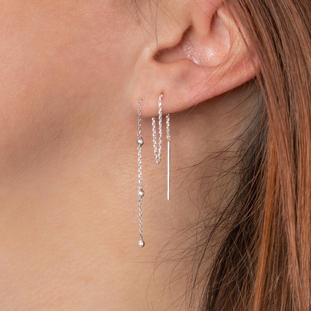 Boucles d'oreilles traversantes chaînes perles de billes Argent 925 Rhodié - vue 3