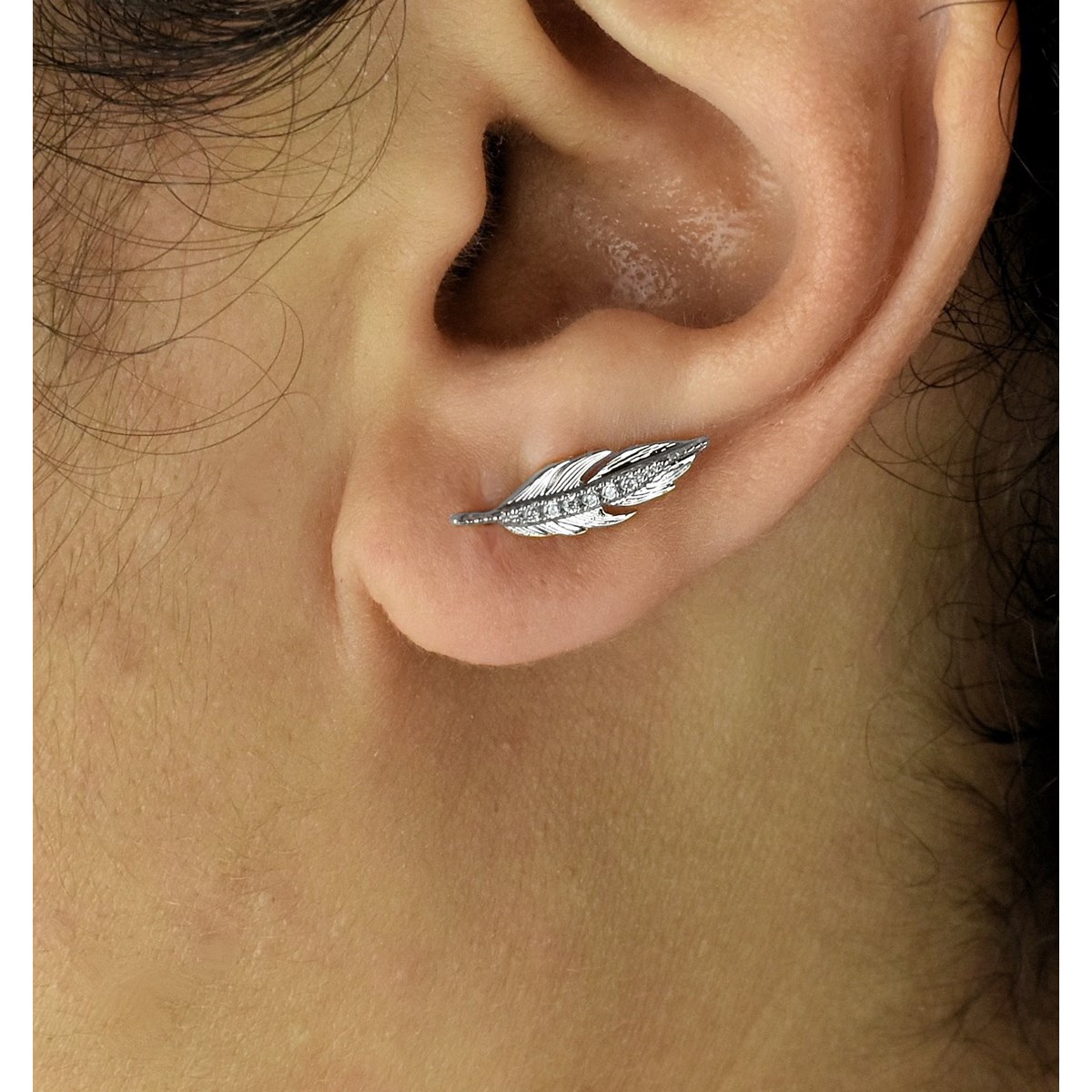 Boucles d'oreilles grimpantes contours d'oreilles feuille sertie d'oxyde de zirconium Argent 925 Rhodié - vue 2