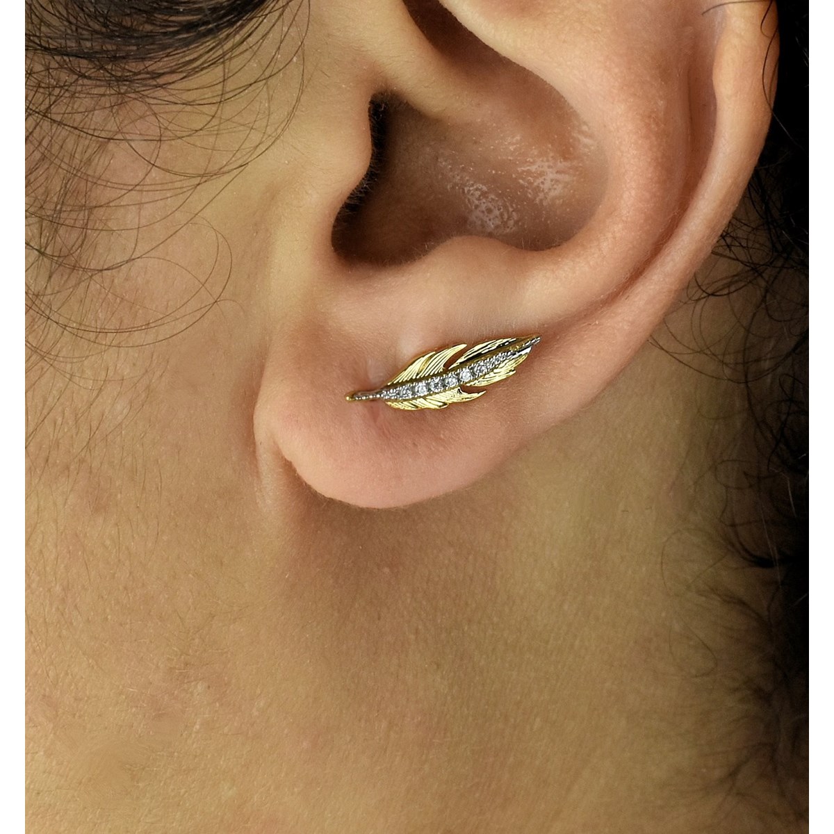 Boucles d'oreilles grimpantes contours d'oreilles feuille sertie d'oxyde de zirconium Plaqué OR 750 3 microns 2 tons - vue 2