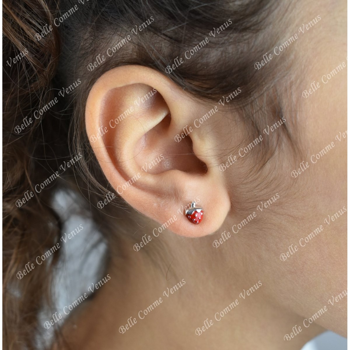 Boucles d'oreilles fraise émail rouge Argent 925 Rhodié - vue 2
