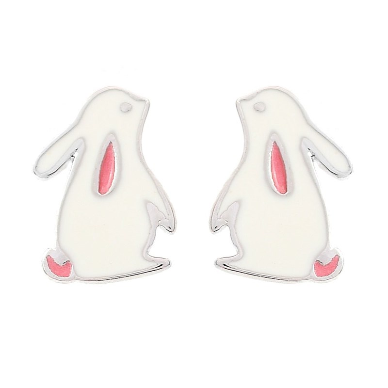 Boucles d'oreilles lapin émail blanc et rose Argent 925 Rhodié