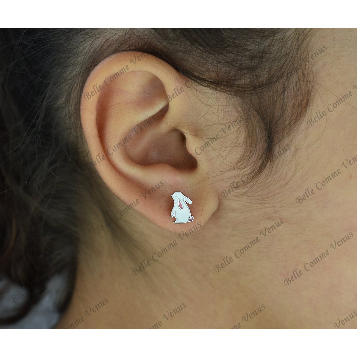 Boucles d'oreilles lapin émail blanc et rose Argent 925 Rhodié - vue 2