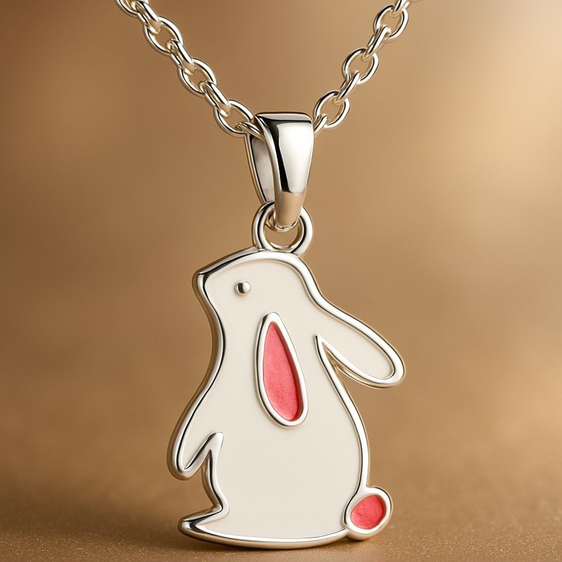 Collier lapin émail blanc et rose Argent 925 Rhodié - vue 2