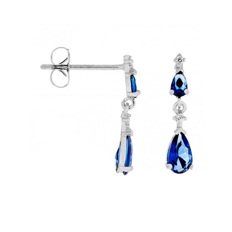 Boucles d'oreilles or blanc et oxydes de zirconium 'Goutte couleur Saphir' - vue 3