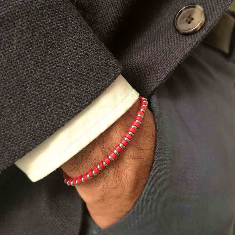 Bracelet Homme ajustable acier et perles de rocaille rouge 'RED DISK STONE' - vue 3