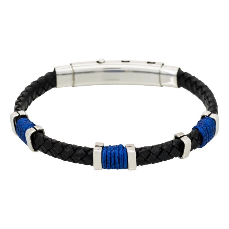 Bracelet Homme acier, cuir noir et corde bleu 'BLACK EYES'