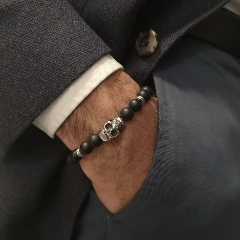Bracelet Homme élastique acier tête de mort et pierres noires 'Dark Side' - vue 2