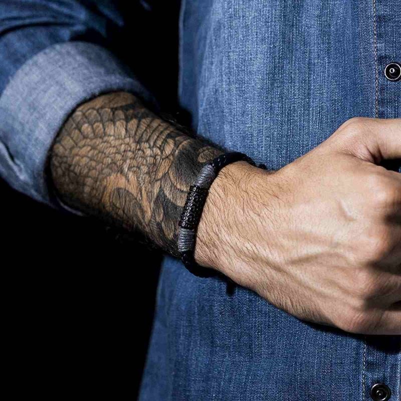 Bracelet Homme cuir noir et détail gris 'ROPE' - vue 2