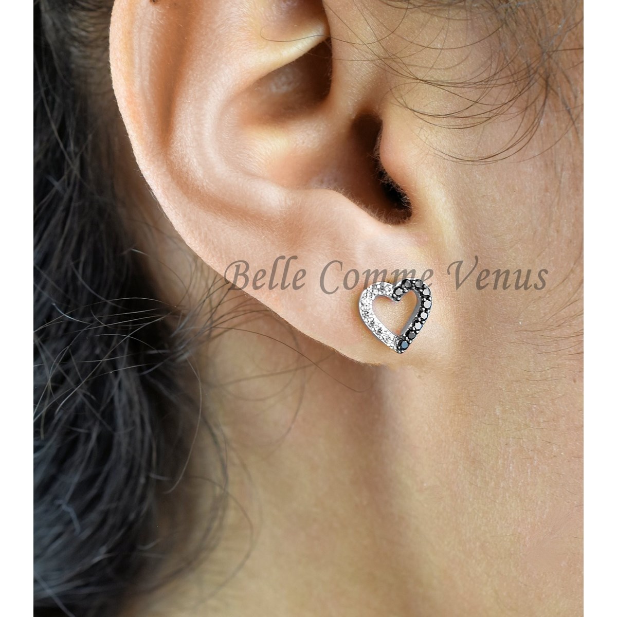 Boucles d'oreilles coeur serti d'oxyde de zirconium blancs et noirs Argent 925 Rhodié - vue 4