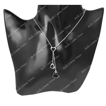 Collier 3 coeurs oxyde de zirconium et céramique noire Argent 925 Rhodié