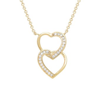 Ketting 2 boven elkaar geplaatste harten bezet met zirkoniumoxide Verguld 750 3 micron