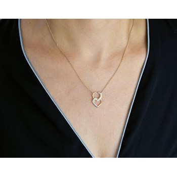 Ketting 2 boven elkaar geplaatste harten bezet met zirkoniumoxide Verguld 750 3 micron
