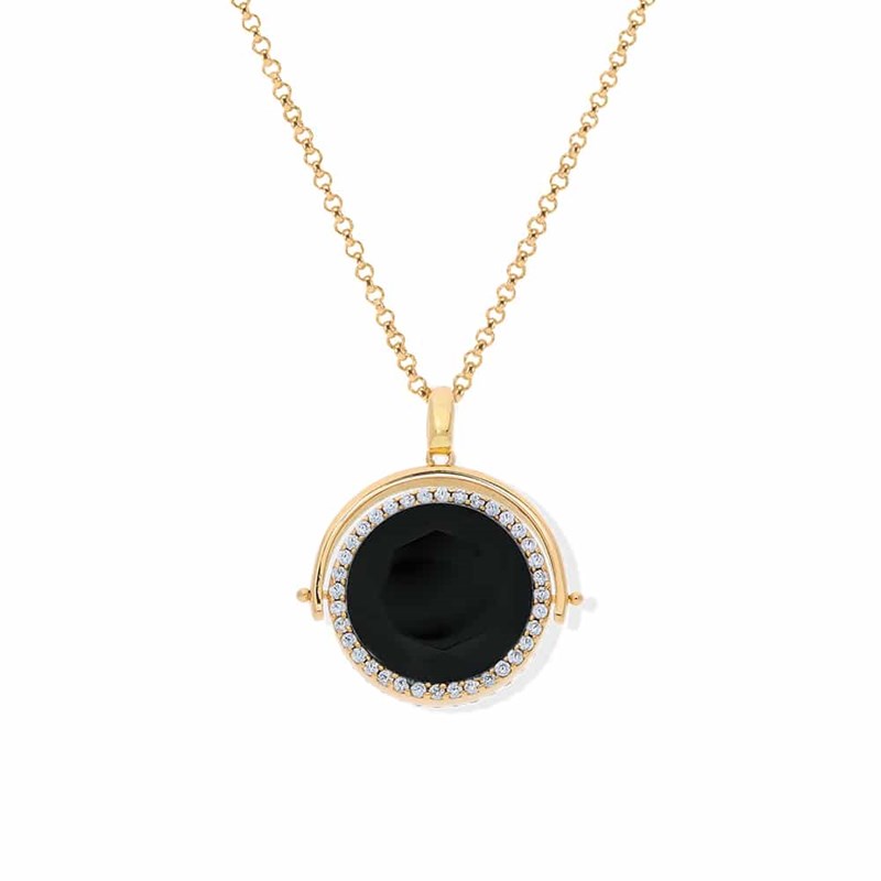 Collier Médaillon Double Face Doré Cristal Noir