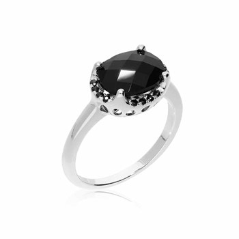 Bague Argent Rhodiée Solitaire Serti  Pierre Noir