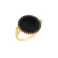 Bague Disque Argent Doré Pierre Noir Serti Noir