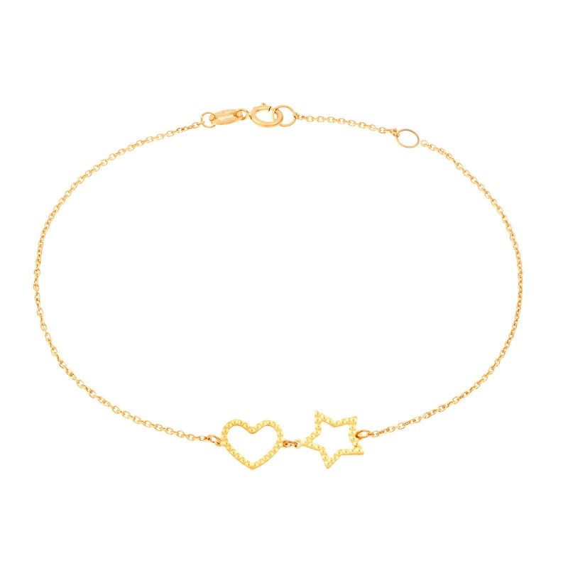 Bracelet Or Jaune Motifs Coeur et Etoile - Femme