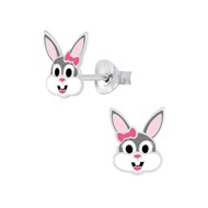Boucle d'oreille lapin rose et gris en argent 925/1000