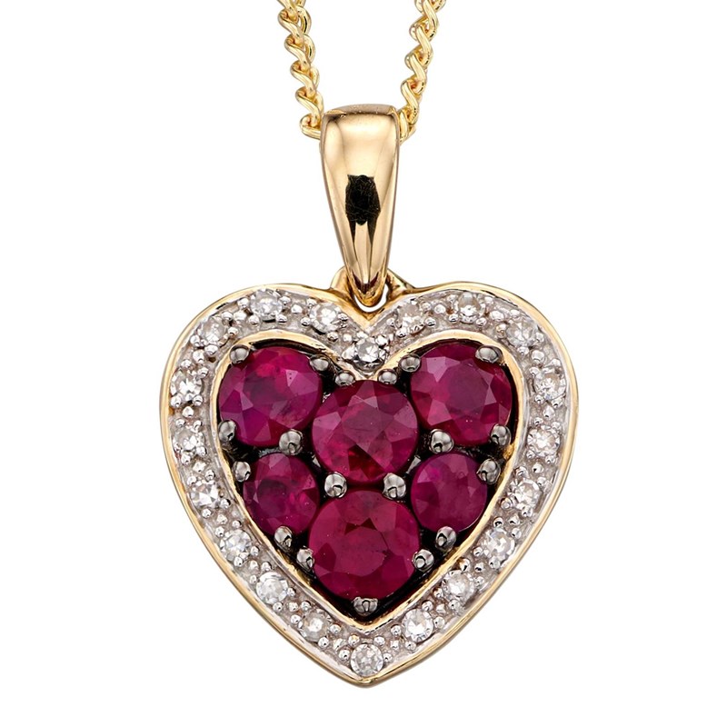 Collier coeur de rubis et diamant sur or jaune 375/1000