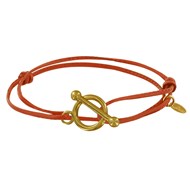 Bracelet Double Tour Plaqué Or Fermoir T et Lien en Cuir Coulissant - Orange