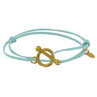 Bracelet Double Tour Plaqué Or Fermoir T et Lien en Cuir Coulissant - Bleu ciel