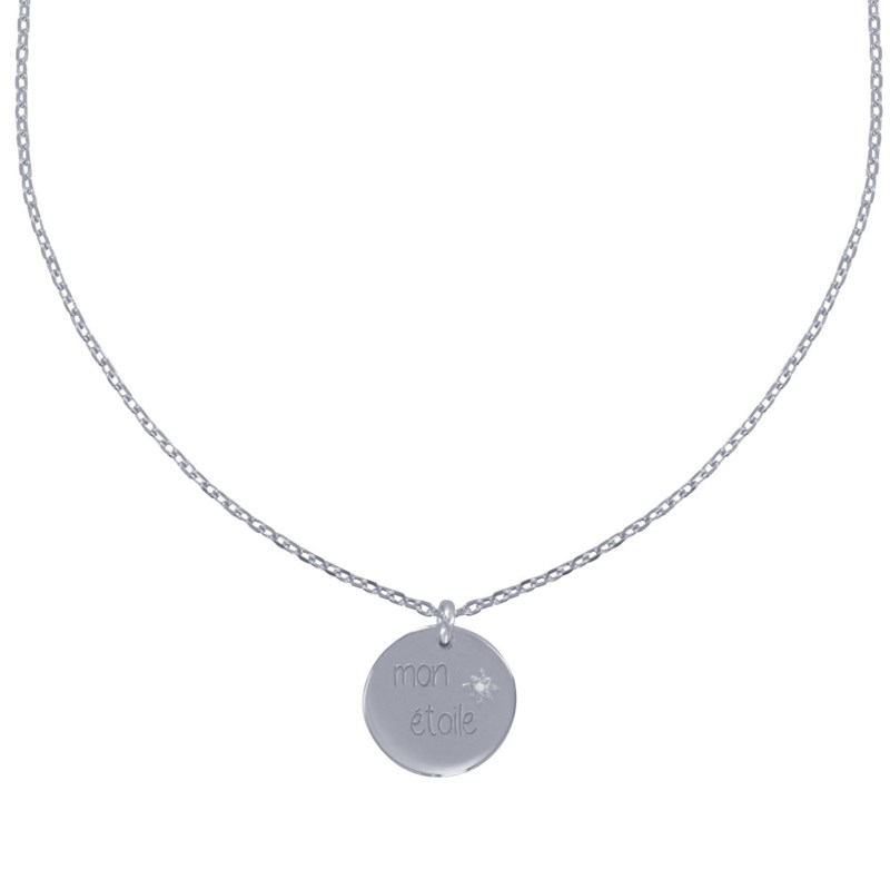Collier Argent 925 Rhodié Médaille Ronde Gravée Mon Etoile