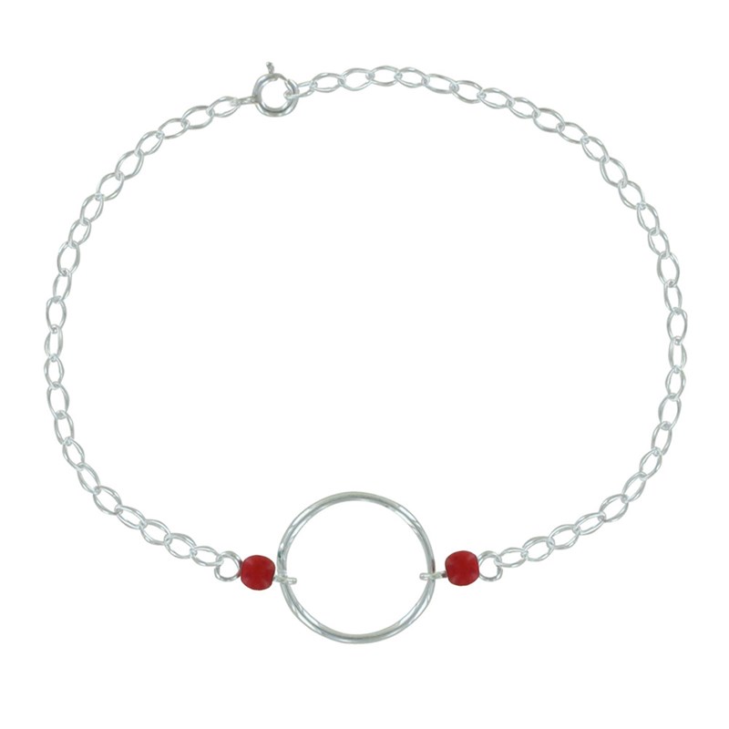 Bracelet Argent Cercle et Deux Perles en Résine - Rouge