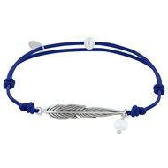 Bracelet Lien Plume Laiton Argenté et Perle Facettée - Bleu Navy
