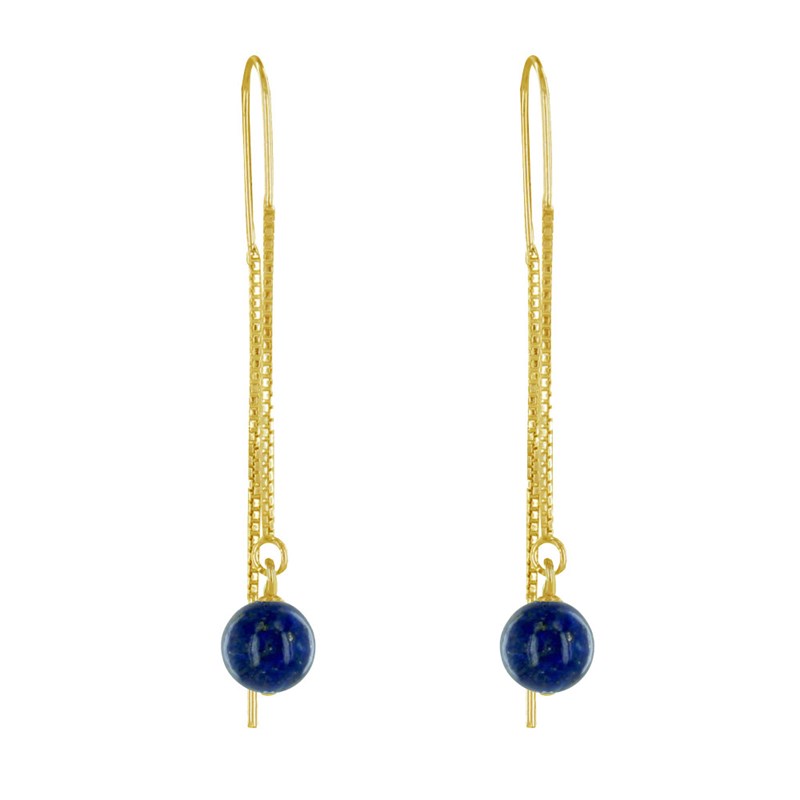 Boucles d'Oreilles Chainette Argent Doré et Perles de Lapis Lazuli - vue 2