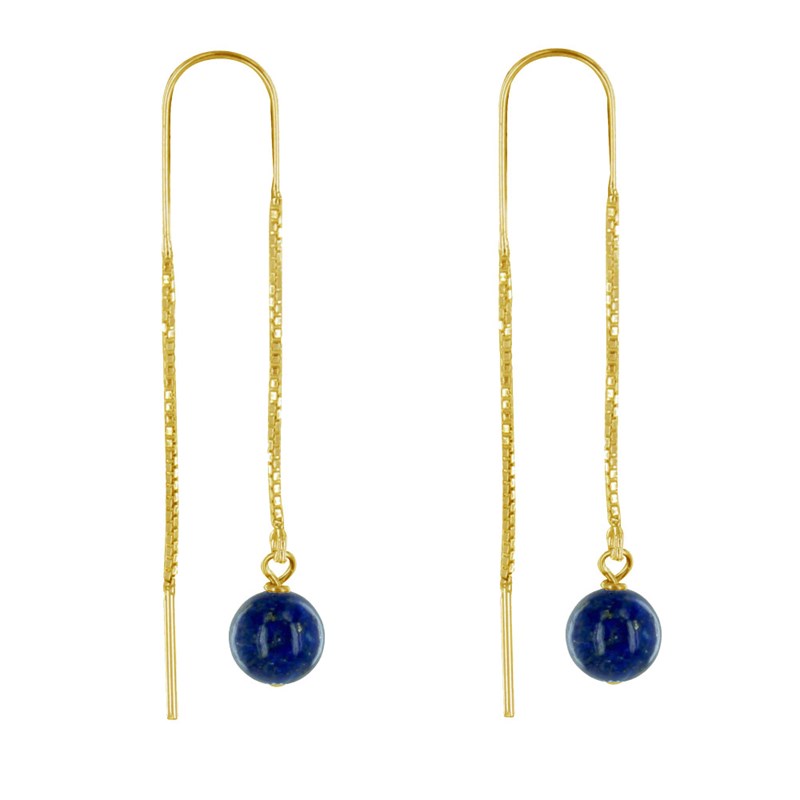 Boucles d'Oreilles Chainette Argent Doré et Perles de Lapis Lazuli - vue 3