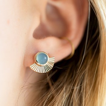 Boucles d'Oreilles Plaqué Or Pierre Precieuse Bleue Agate Cabochon