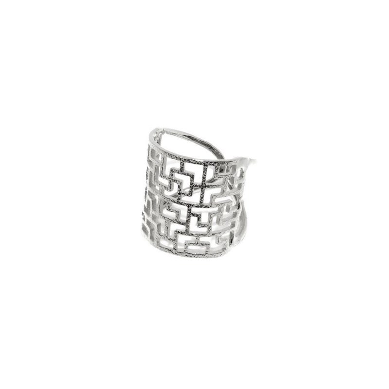 Bague ajustable en plaqué argent faite à la main arrondie avec arabesque géométrique - Bijou de créateur