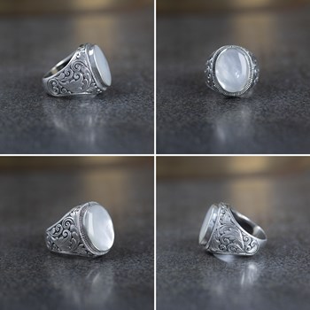 Bague Homme avec Pierre Blanche sur Argent 925 Vieilli | Aden