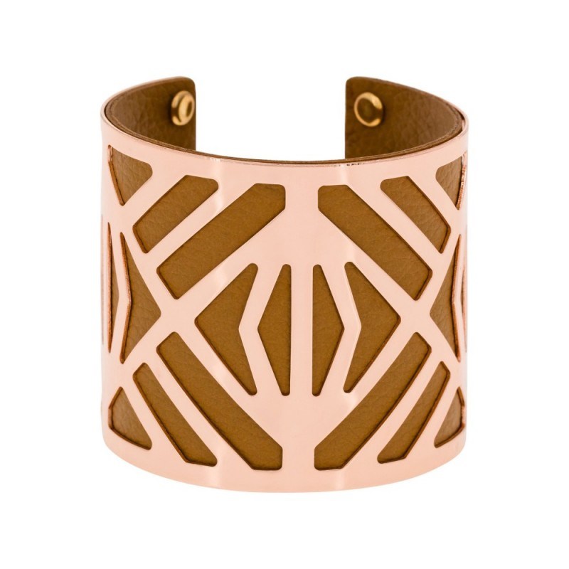 Bracelet manchette 'CANNES' finition rosée simili cuir marron