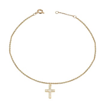 Gold-plated 750 3-micron zirconium oxide cross anklet chain