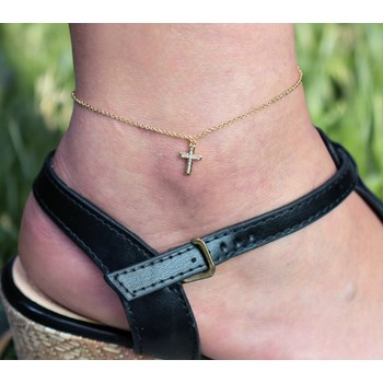 Gold-plated 750 3-micron zirconium oxide cross anklet chain