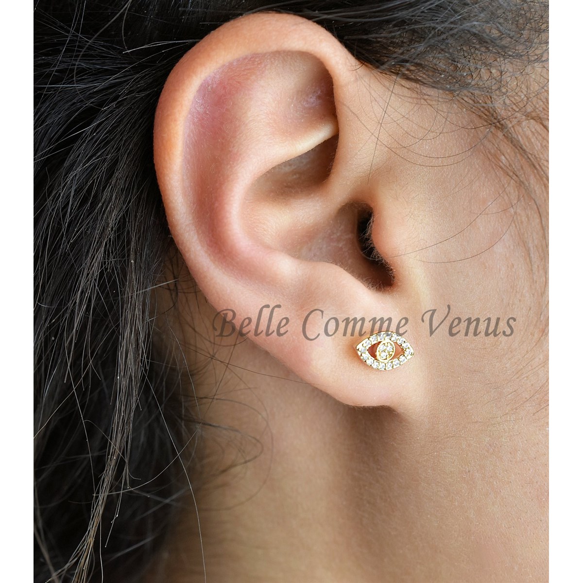 Boucles d'oreilles oeil symbole serti d'oxyde de zirconium Plaqué or 750 3 microns - vue 4