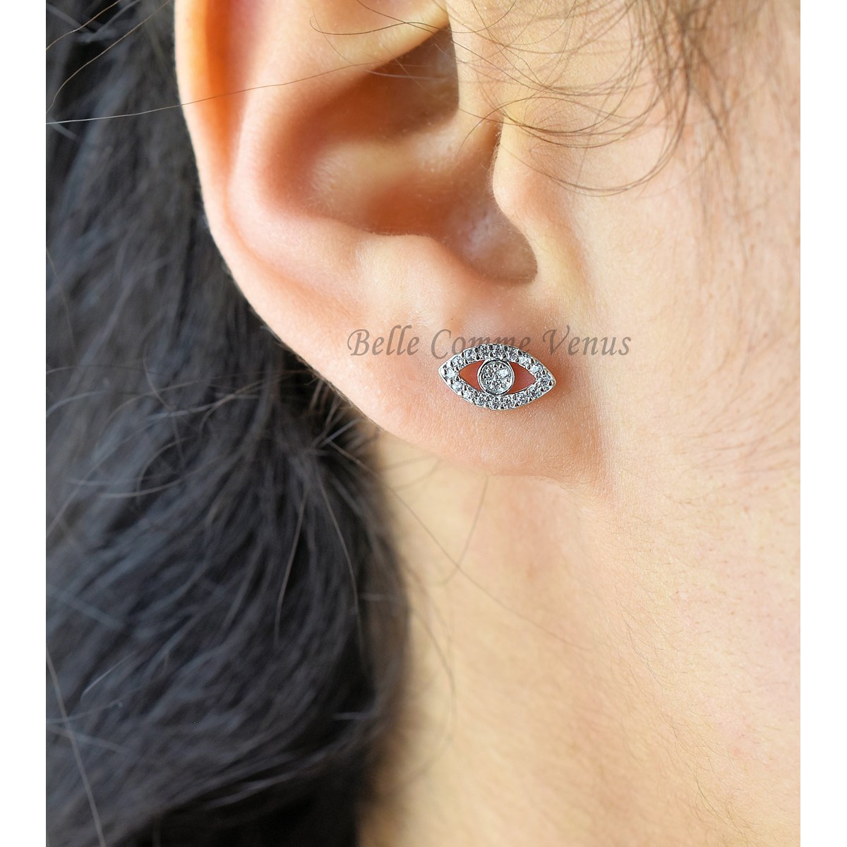 Boucles d'oreilles oeil symbole serti d'oxyde de zirconium Argent 925 Rhodié - vue 4