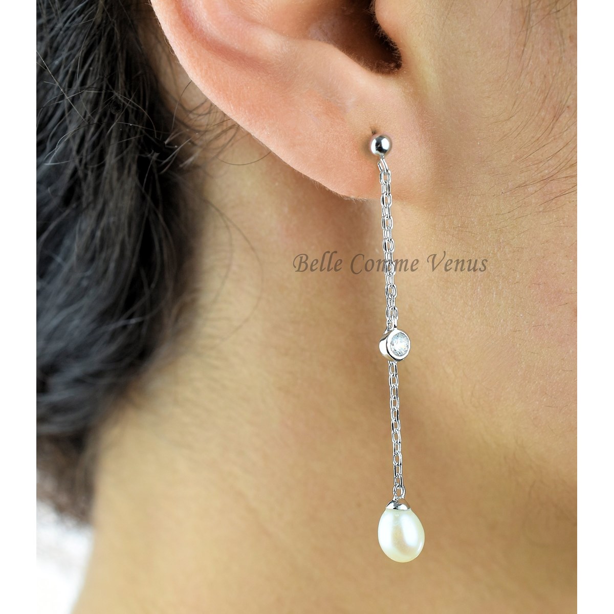 Boucles d'oreilles perle d'eau douce et oxyde de zirconium 2 chaînes pendantes Argent 925 Rhodié - vue 4
