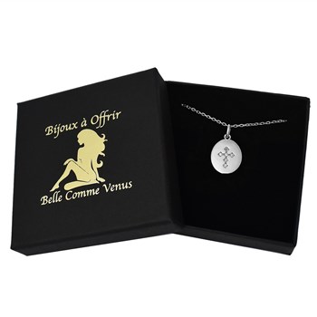 Oval cross medal necklace set with zirconium oxide Silver 925 Rhodium plated