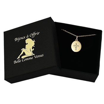 Verguld 750 3 micron ovale kruis medaille ketting bezet met zirkonium oxide