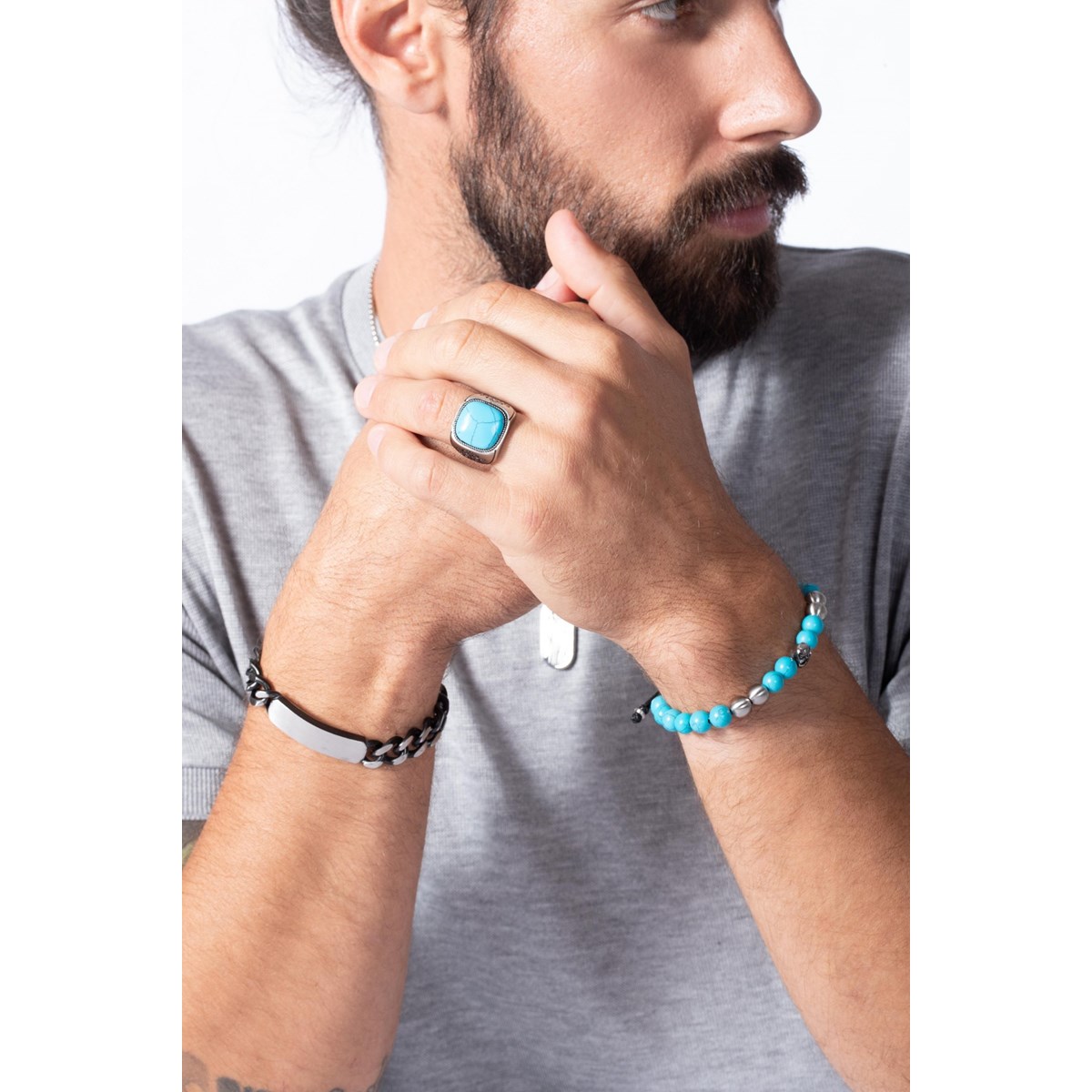 Bague Zinédine en Acier 316L avec turquoise bleu turquoise - vue 2