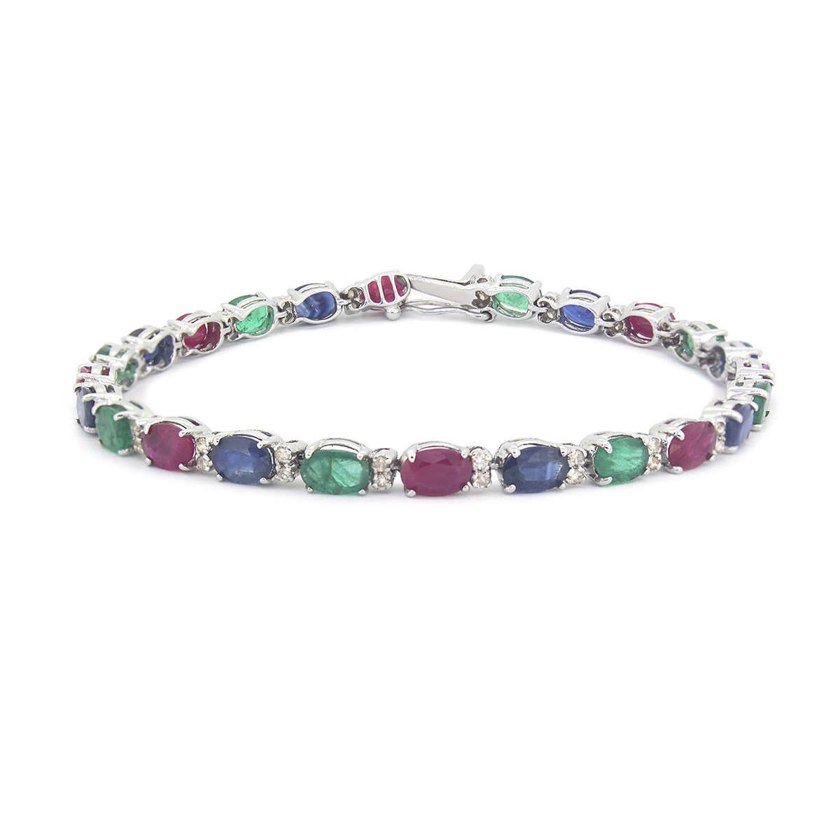 Bracelet Tricolore - Rubis, Émeraude, Saphir & Diamants - Argent 925 Rhodié