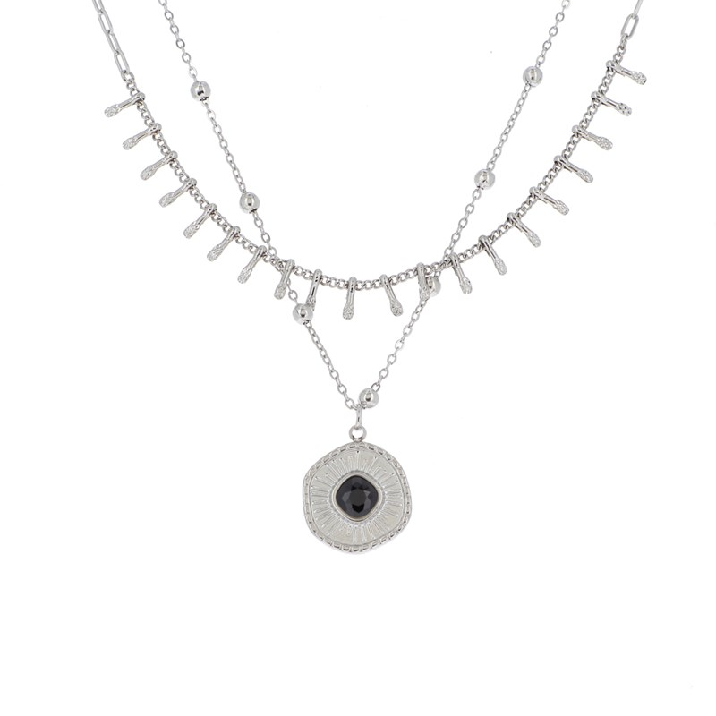 Collier en acier argenté double rangs médaillon ornée d'une pierre Crystal noire Swarovski avec chaînette réglable - vue 2