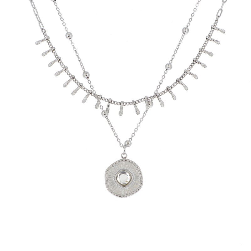 Collier en acier argenté double rangs médaillon ornée d'une pierre Crystal Swarovski avec chaînette réglable - vue 2