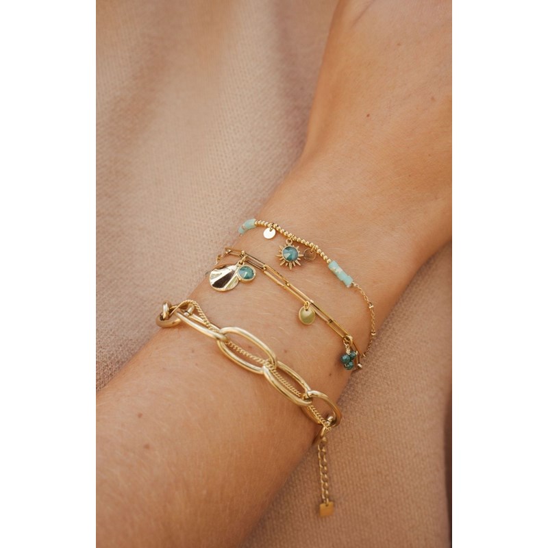 Bracelet en acier doré double chaîne en maille de différentes tailles, chaînette réglable, avec pierre Crystal Swarovski - vue 2