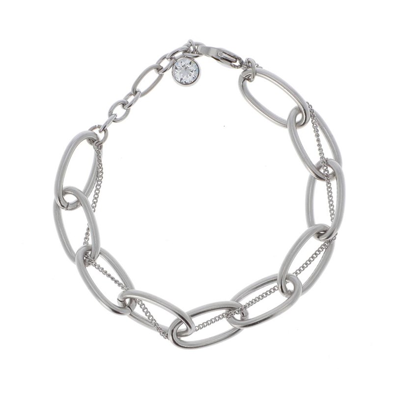 Bracelet en acier argenté double chaîne en maille de différentes tailles, chaînette réglable, avec pierre Crystal Swarovski