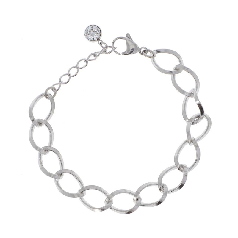 Bracelet en acier argenté chaîne grosse maille, chaînette réglable avec pierre Crystal Swarovski